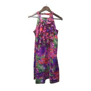 Madison Leigh Vintage Floral Halter Ruffle Neck Dress Purple Orange Green Sz 10